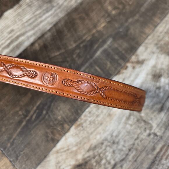Vintage Italian Leather Belt Brown Tooled Western Boho Fleur De Lis main image 5